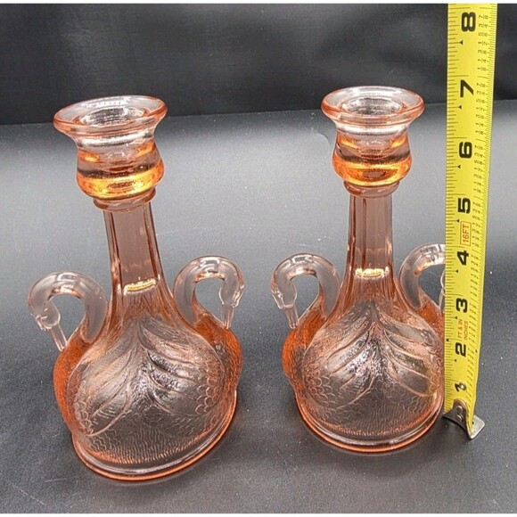 Fenton Pair of Peach Glass Swan Candlestick Salmon Color